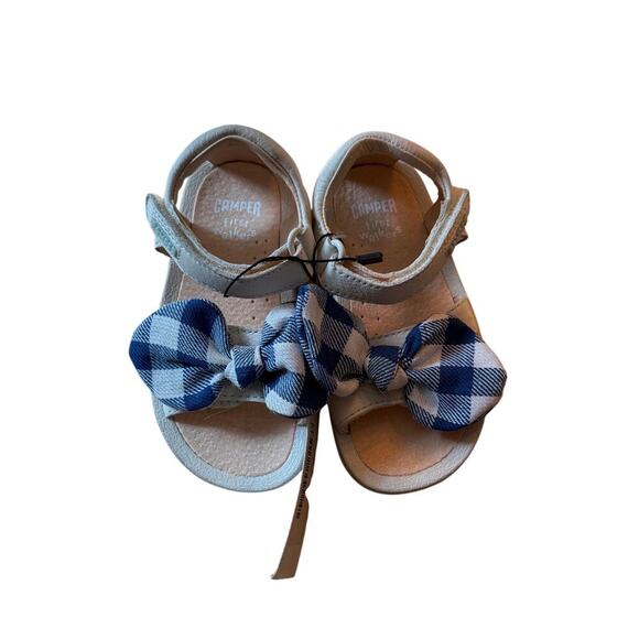 NWT Dopple Size 7.5 Baby Girl Sandals Off‎ White Blue Gingham Open Toe Leather - Picture 1 of 8